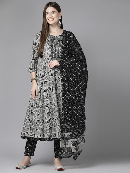 JHALANIANDSONS Grey Floral Printed Anarkali Kurta with Trousers and Dupatta Set - Pure Cotton - Women's Ethnic Wear