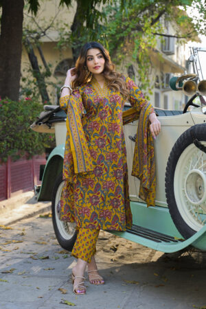 Mustard Floral Cotton Suit Set