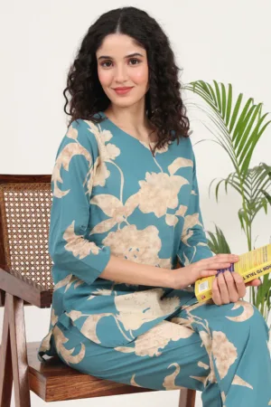 Teal Blue Blooming Cotton Suit