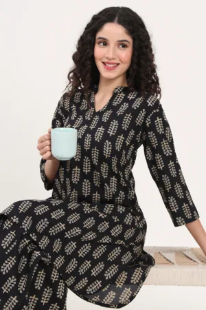 Elegant Black Hand-Block Printed Cotton Night Suit