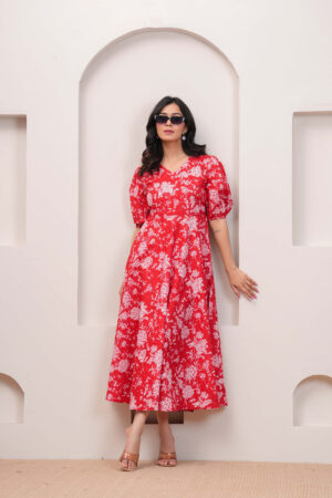Rosy Floral Summer Midi Dress