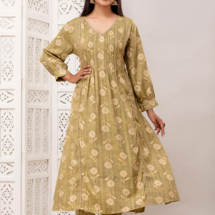 Stylish Green Beige Kurta Set