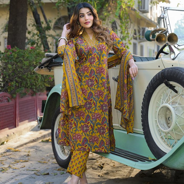 Mustard Floral Cotton Suit Set