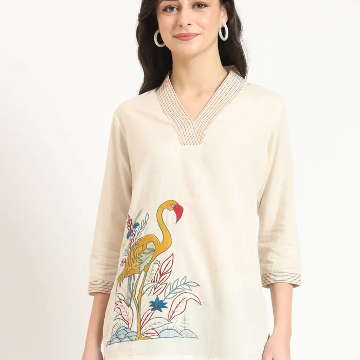 Trendy Flamingo Embroidery Tunic