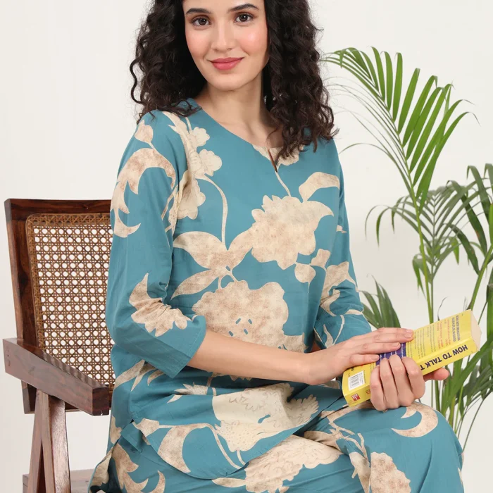 Teal Blue Blooming Cotton Suit