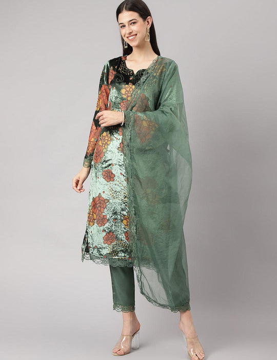 Dark Green Floral Velvet Suit Set