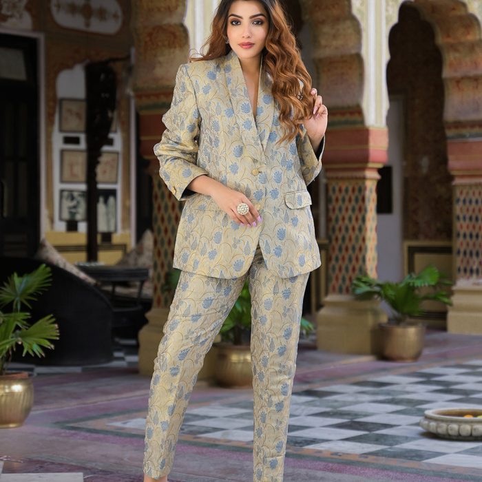 Luxe Golden Brocade Formal Suit for Her