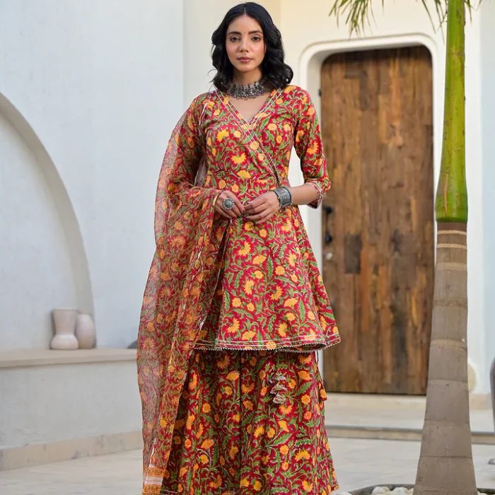 Red Blossom Peplum Sharara Set