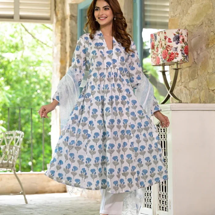 Beautiful White & Blue Floral Kurta Set