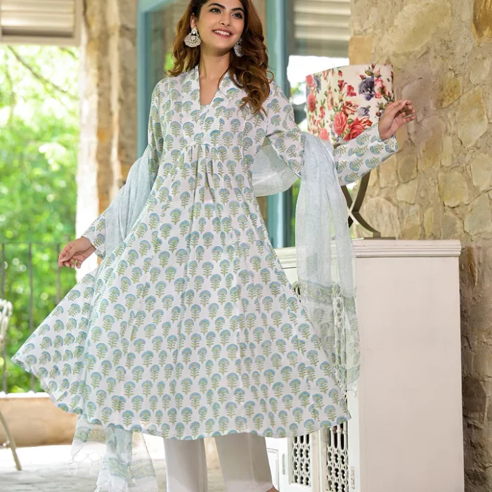 Elegant Handblock Anarkali Kurta Set