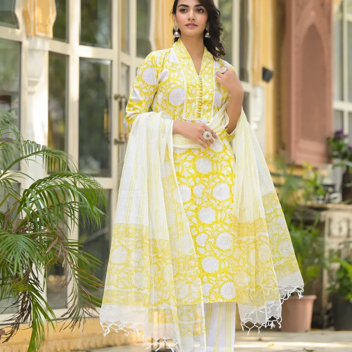 Yellow Blooming Kota Doria Cotton Suit Set