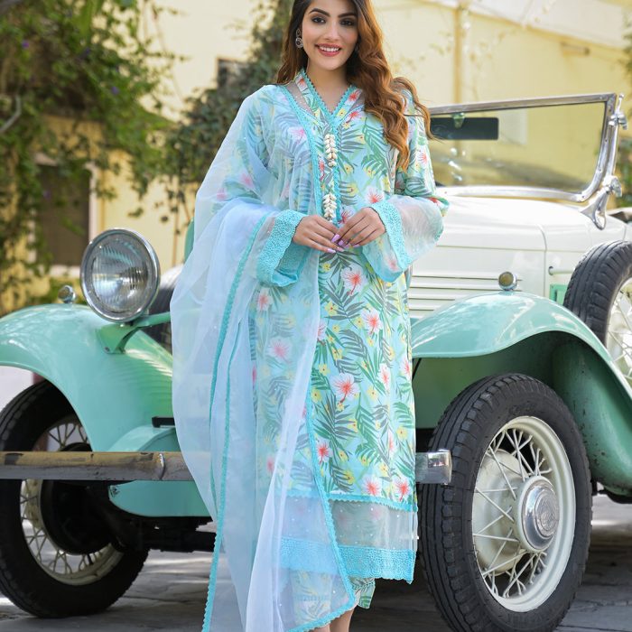 Aqua Floral Suit Set With Organza Dupatta