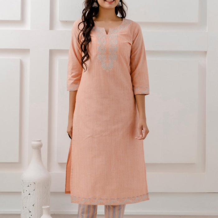 Peach Handloom Cotton Kurta Set