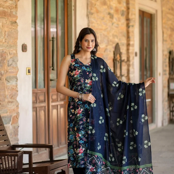 Graceful Navy Blooms Suit Set