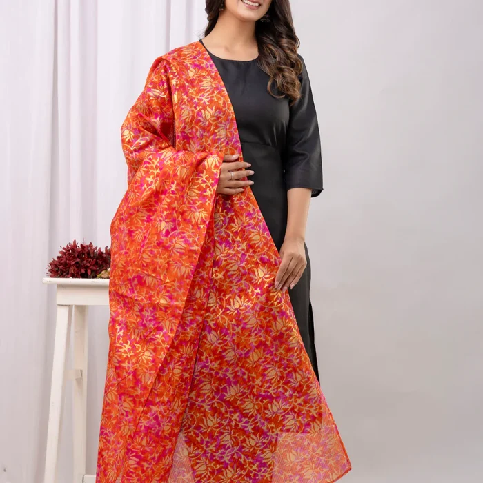 Solid Black Suit Floral Kota Doria Dupatta
