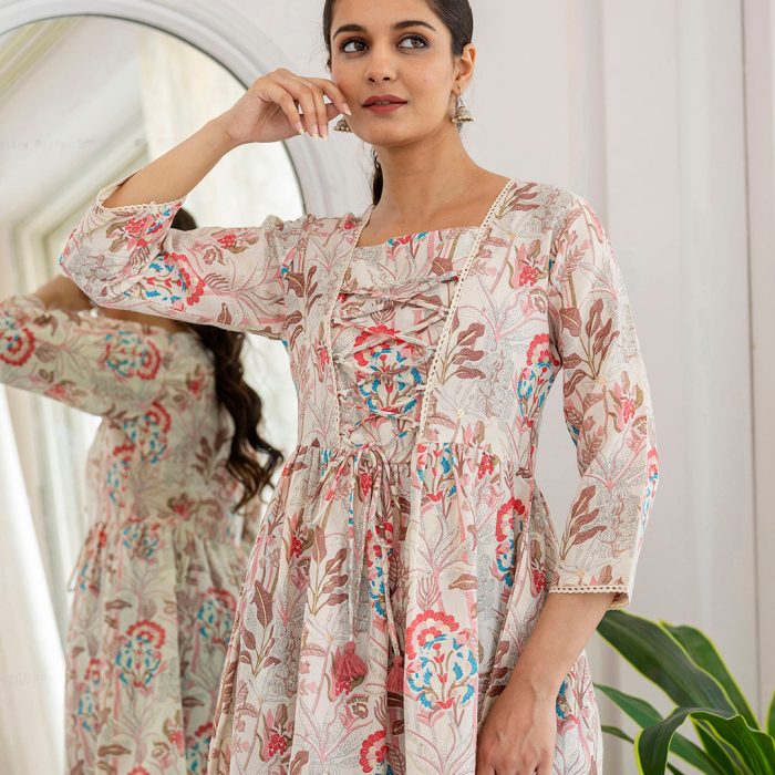 Trendy Floral Off-White Cotton Kurta